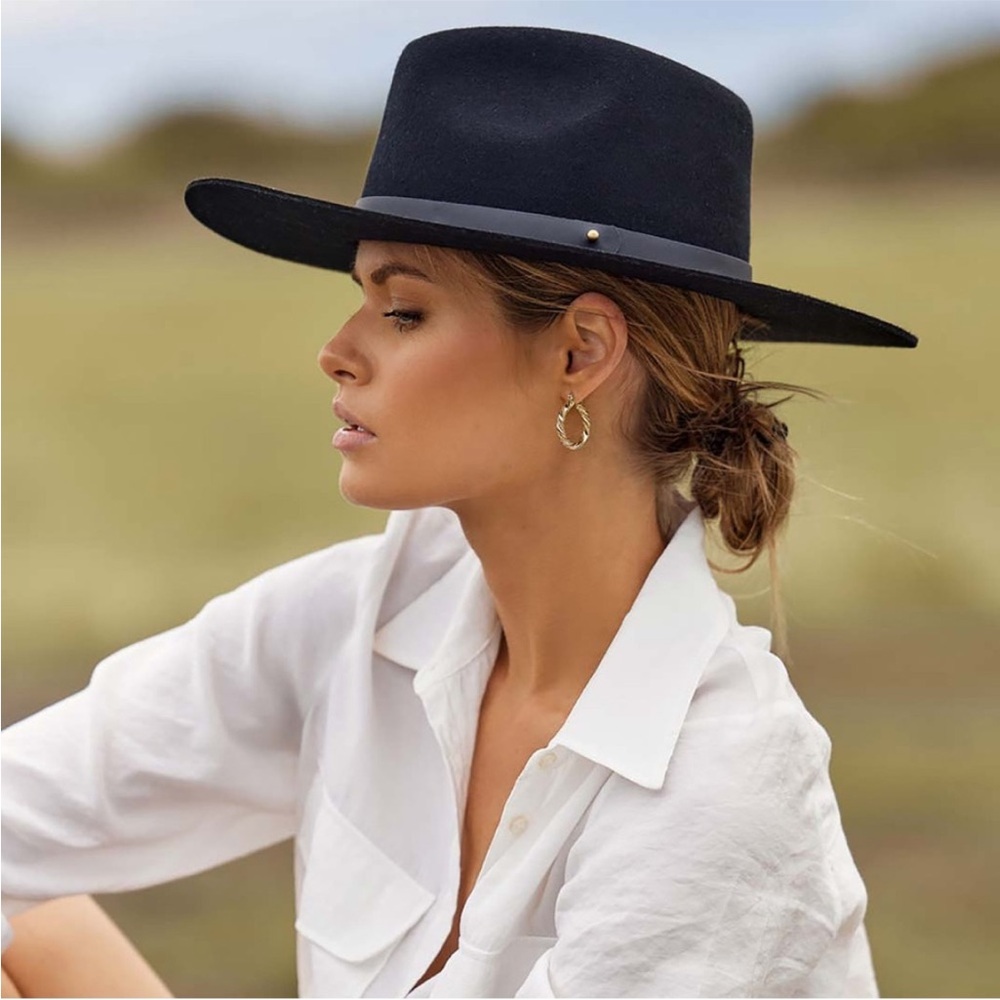 All Saints Long Brim Rivet Logo Wool Western Fedora NWT Black